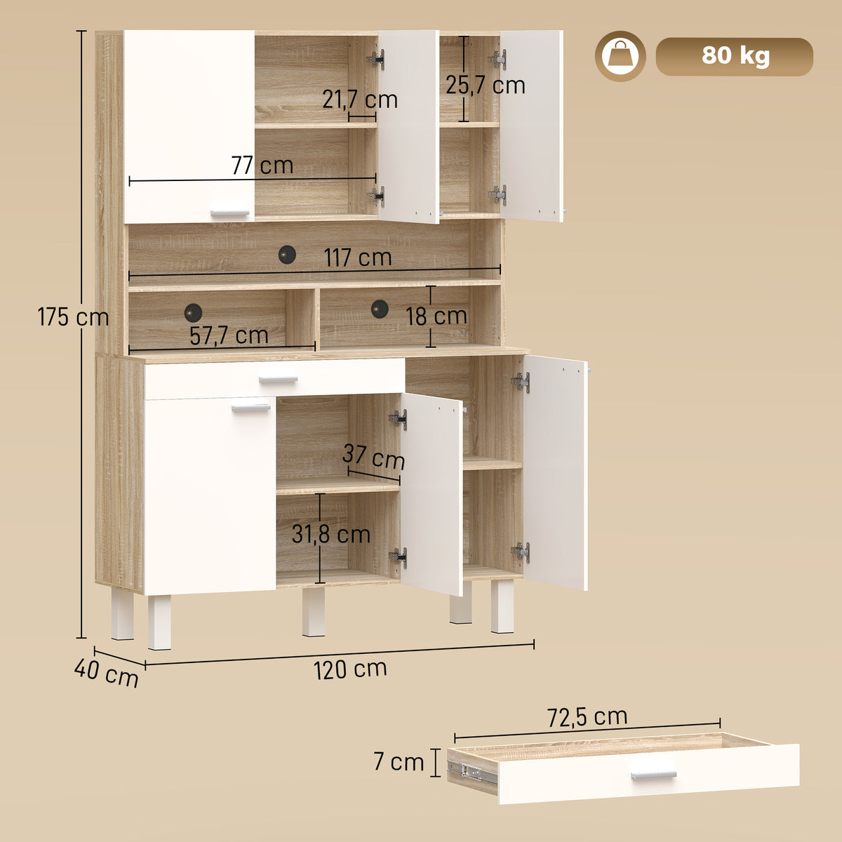 Buffet haut cuisine, armoire de cuisine, 6 portes, tiroir et étagères ouvertes, 120x40x175cm, blanc et bois naturel-2