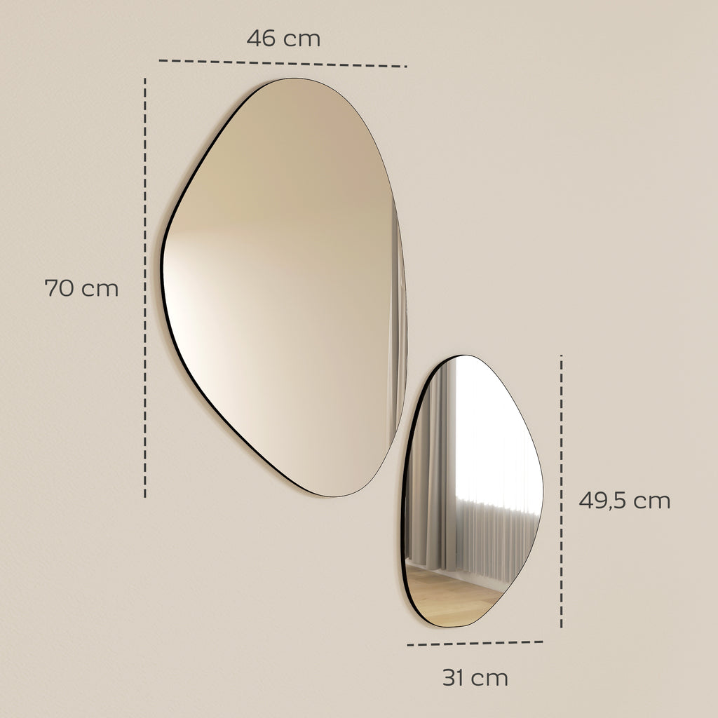 Lot de 2 miroirs muraux, miroirs décoratifs irréguliers en forme de galet, cadre en métal, 70 x 46 cm/49,5 x 31 cm, noir-2