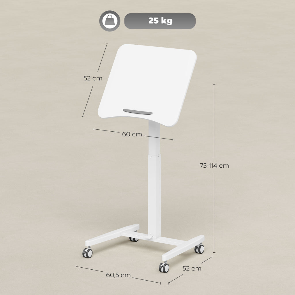 Bureau Debout Réglable en Hauteur, Plateau Inclinable, Roulettes et Cadre en Acier, 60,5 x 52 x 75-114 cm, Blanc-2