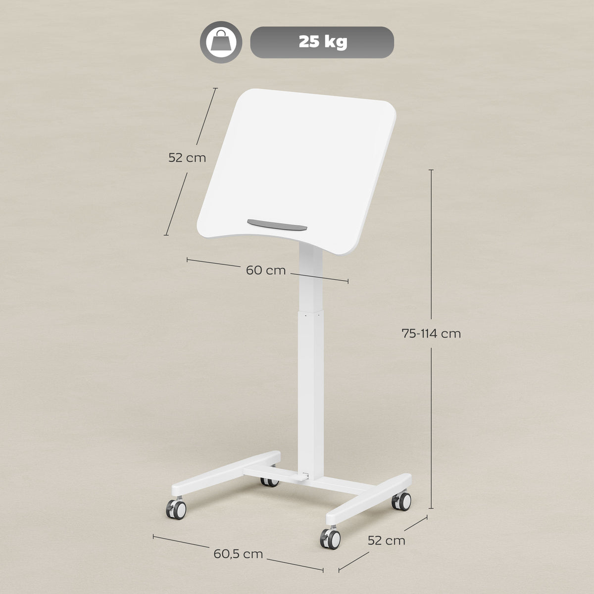 Bureau Debout Réglable en Hauteur, Plateau Inclinable, Roulettes et Cadre en Acier, 60,5 x 52 x 75-114 cm, Blanc-2