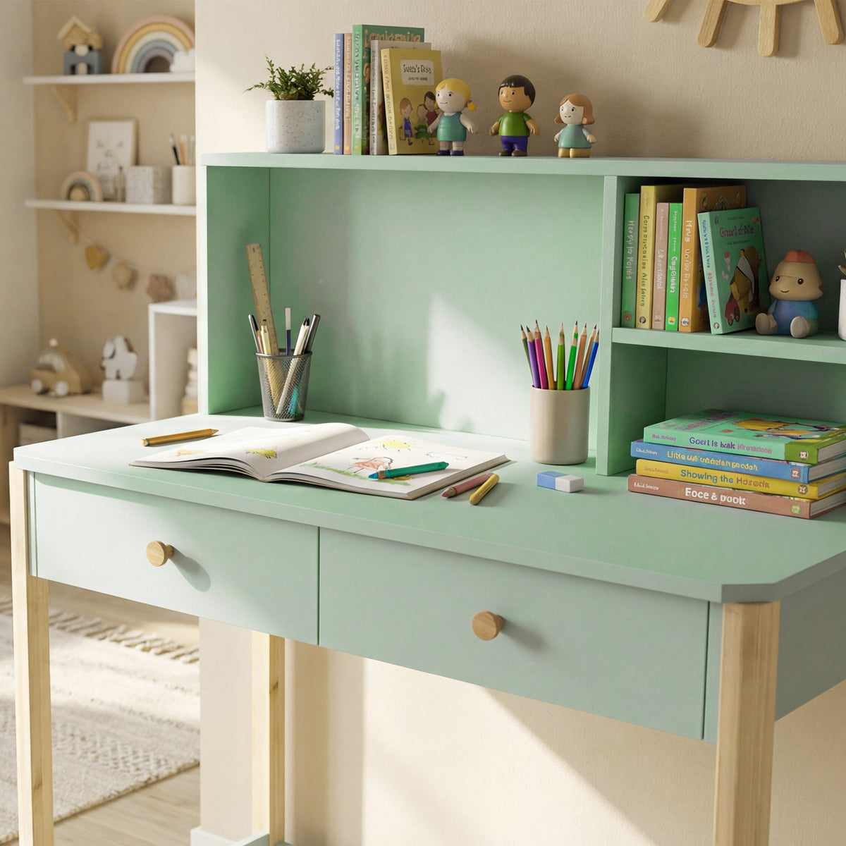 Bureau enfant en bois, bureau avec rangement, 2 tiroirs et 3 compartiments ouverts, plateau large, 90x52x105cm, vert-8