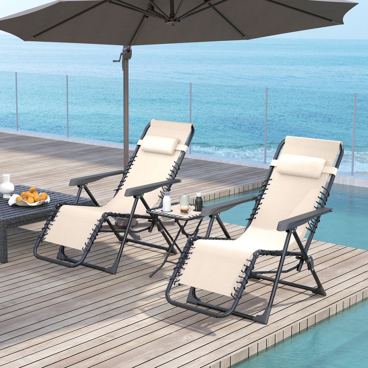 Lot de 2 chaise longue pliable et inclinable avec table d'appoint, porte-gobelets et appuie-têtes, charge 120 kg, beige-1