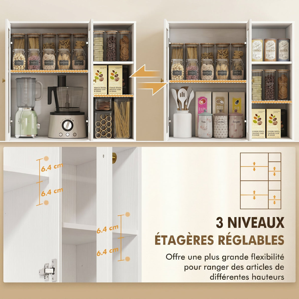 Buffet haut cuisine, vaisselier vitrine avec 4 portes à fermeture douce en verre trempé, 90x35x172cm, blanc-4