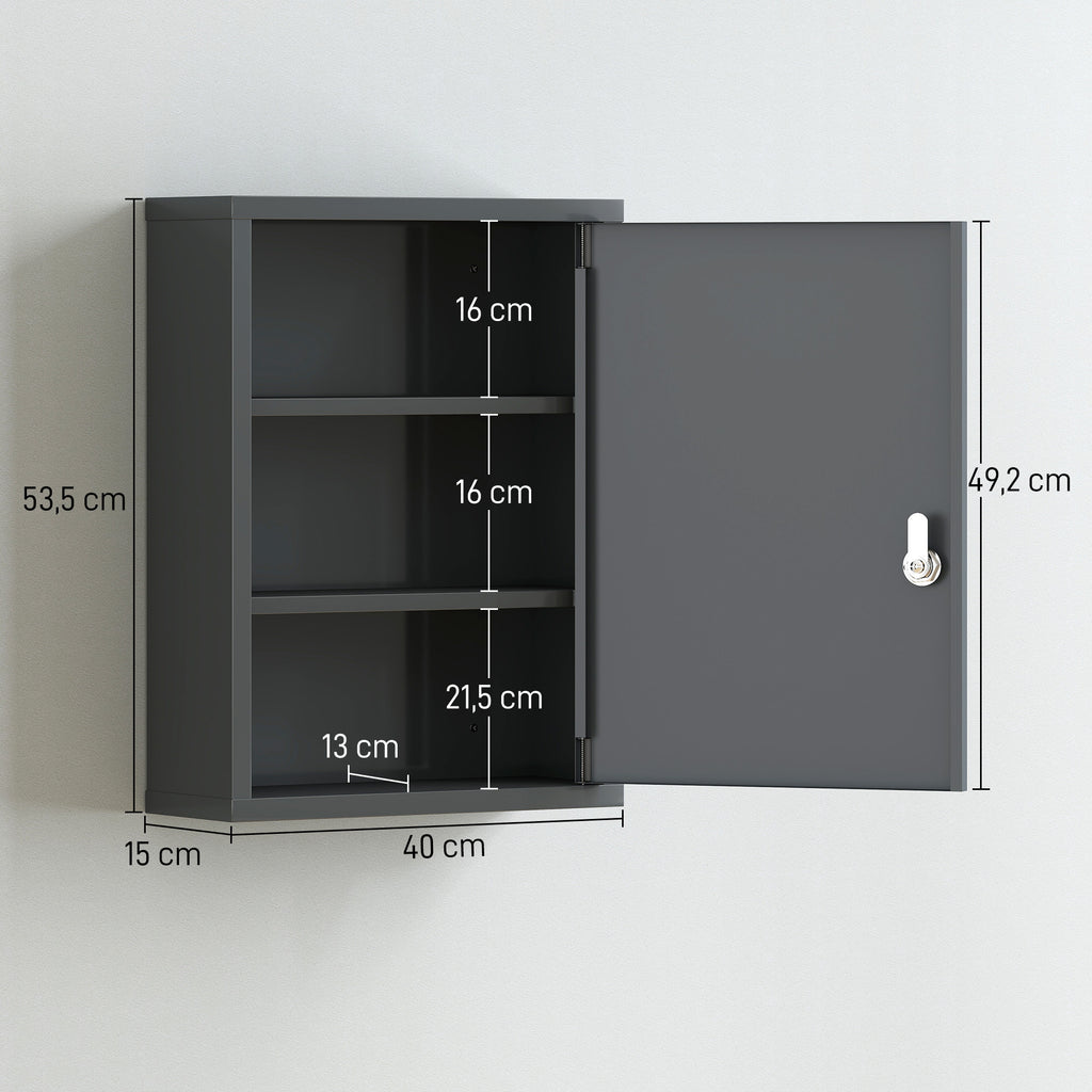 Armoire à pharmacie murale en acier, armoire à médicaments à 3 niveaux porte verrouillable 2 clés, 40x15x53,5cm, gris-2