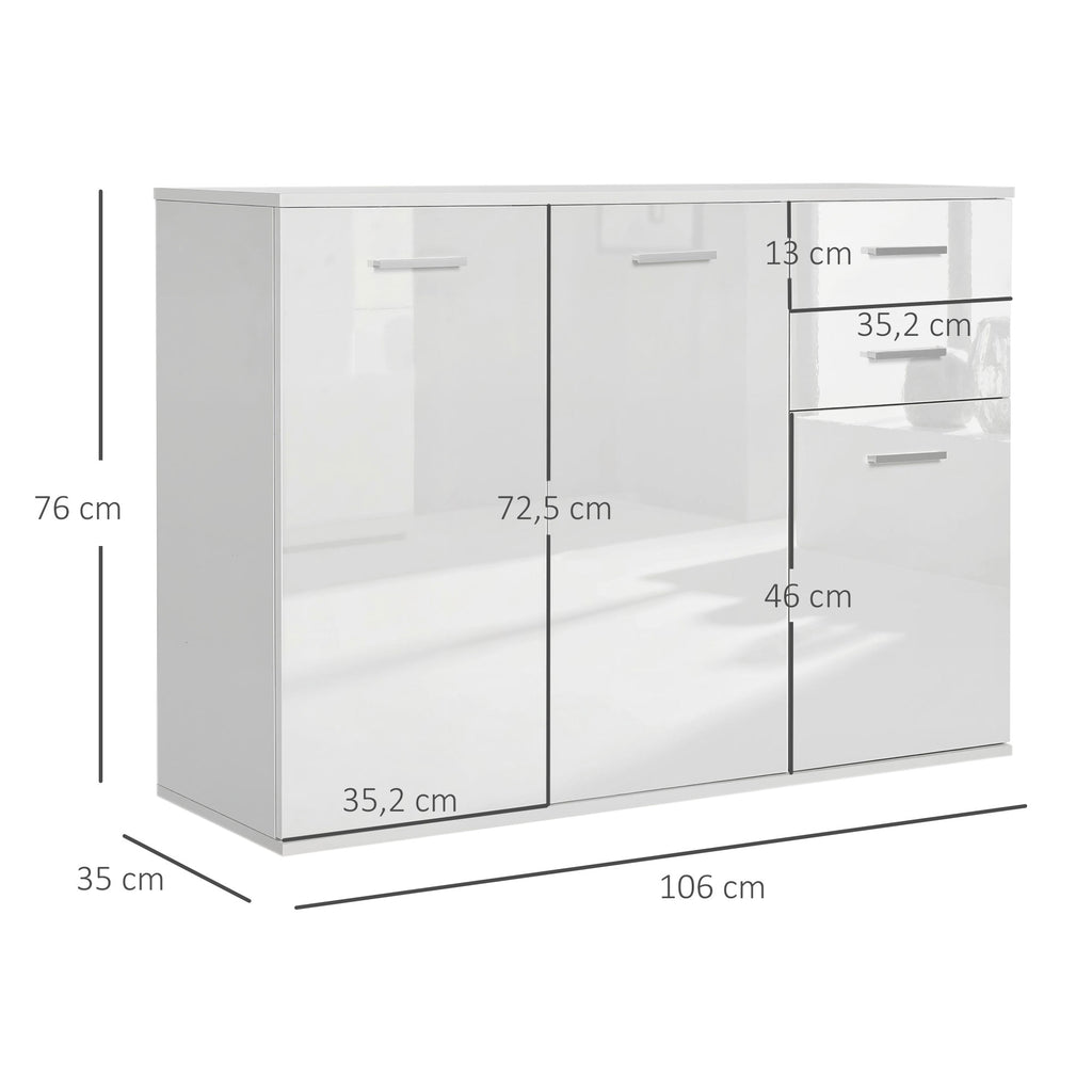 Buffet salon à haut brillance, meuble de rangement avec 2 tiroirs, 3 portes et étagère réglable, style contemporain, buffet salle à manger et cuisine, 106 x 35 x 76 cm, blanc-2