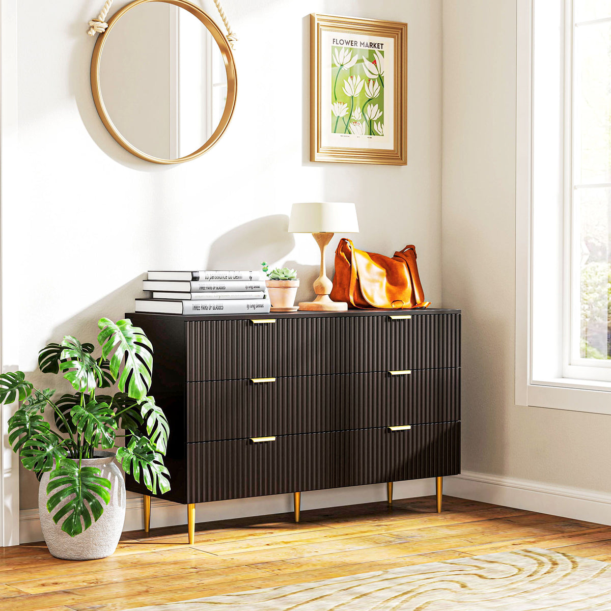 Commode 6 tiroirs commode chambre meuble de rangement moderne avec poignées et pieds dorés, 120 x 40 x 76,5 cm, noir-8