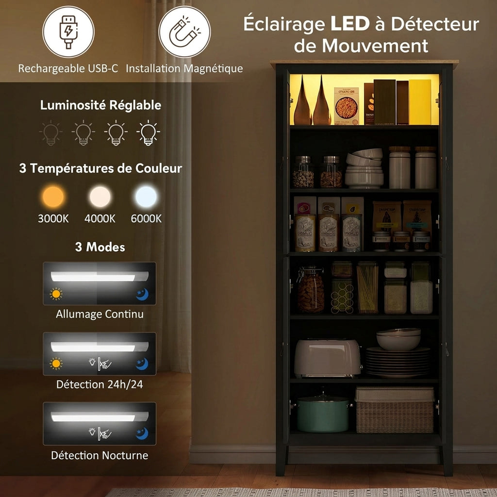 Buffet cuisine, meuble cuisine rangement haut avec LED réglable et détecteur de mouvement, 80 x 40 x 176,5 cm, noir-3