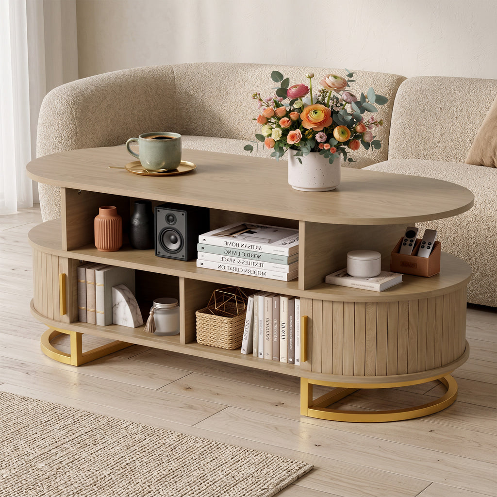 Table Basse Ovale, Table de Salon Moderne avec Portes à Tambour Coulissantes, Rangement Fermé, Étagères Ouvertes, Chêne-9