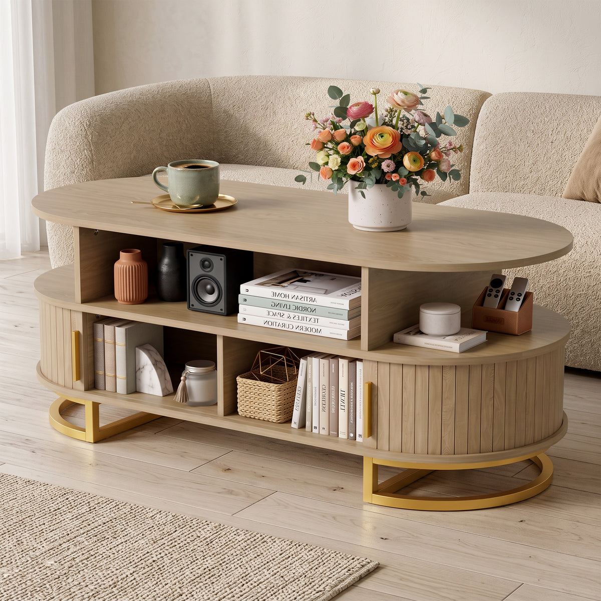 Table Basse Ovale, Table de Salon Moderne avec Portes à Tambour Coulissantes, Rangement Fermé, Étagères Ouvertes, Chêne-9