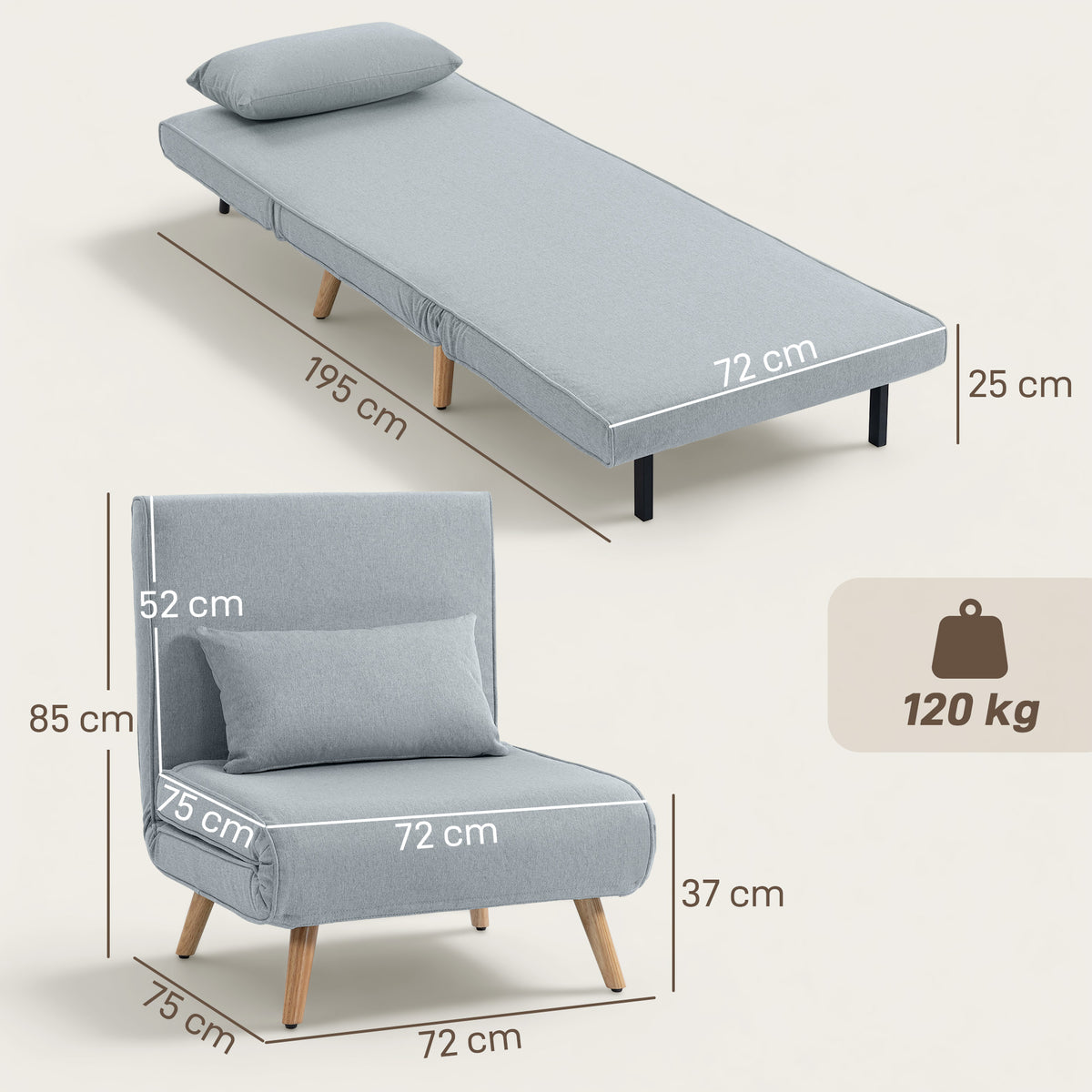 Fauteuil chauffeuse convertible 3 en 1 lit fauteuil lit 1 place dossier 5 positions en tissu avec coussin, gris-2