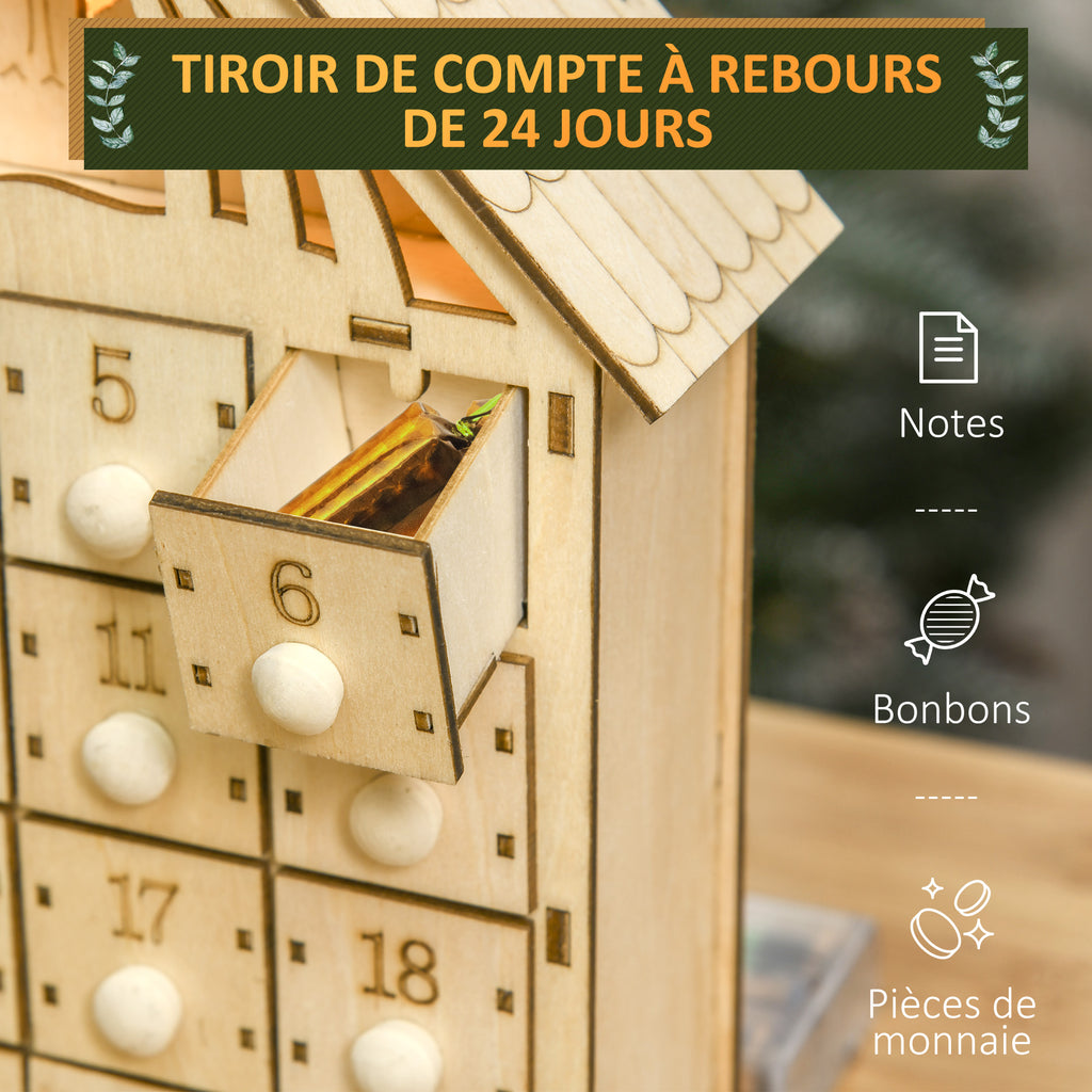 Calendario dell’Avvento in legno con 24 cassetti e presepe LED