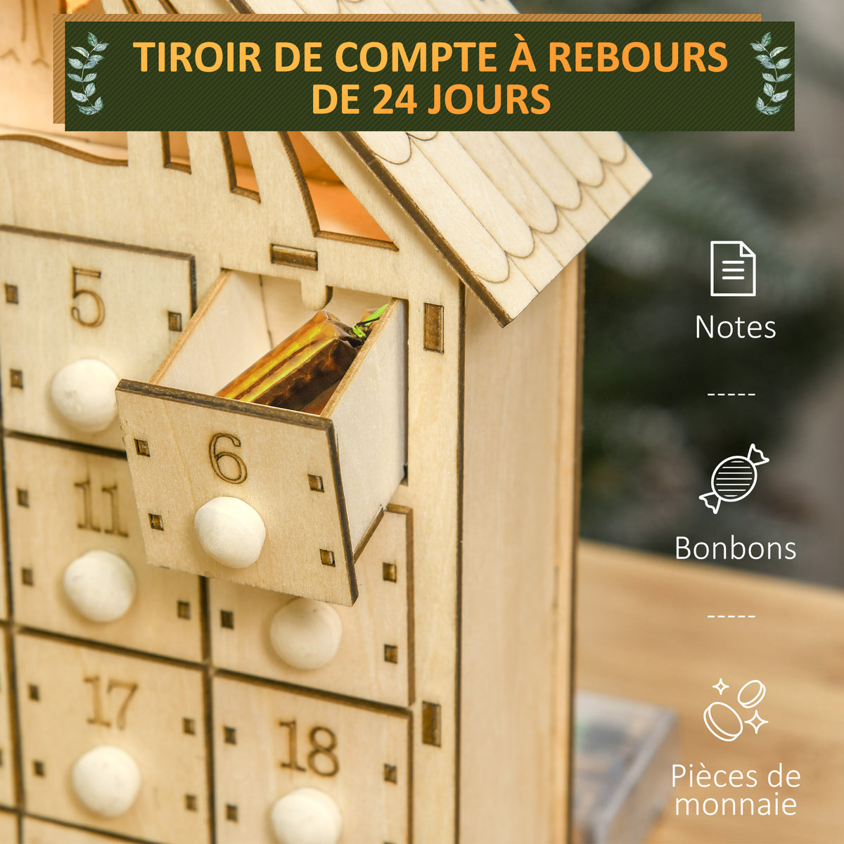 Calendario dell’Avvento in legno con 24 cassetti e presepe LED