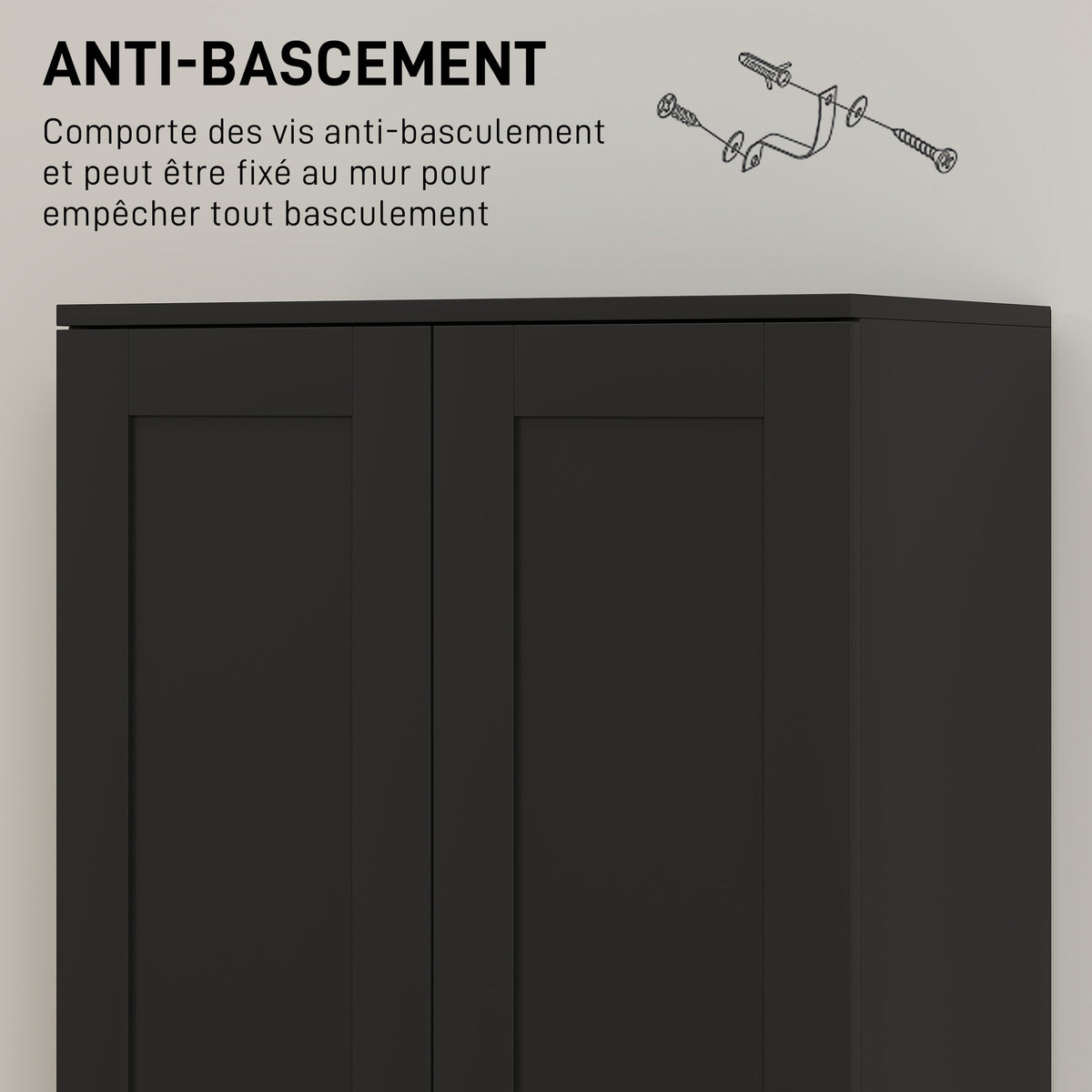 Armoire 2 portes meuble de rangement avec 5 étagères, style contemporain, 60L x 36,5l x 175H noir-6