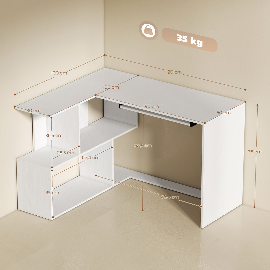 Bureau d'angle bureau en L avec étagères de rangement, plateau à clavier coulissant, 120x100x76cm, blanc-2