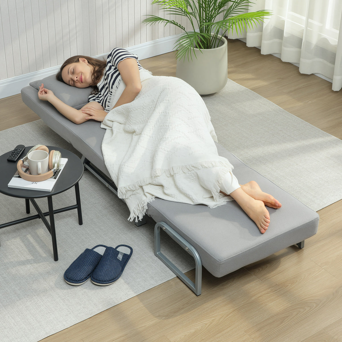 Fauteuil Convertible 1 Place, Fauteuil-Lit Pliable Rembourré en Lin avec Dossier Réglable, Oreiller, Gris Clair-7
