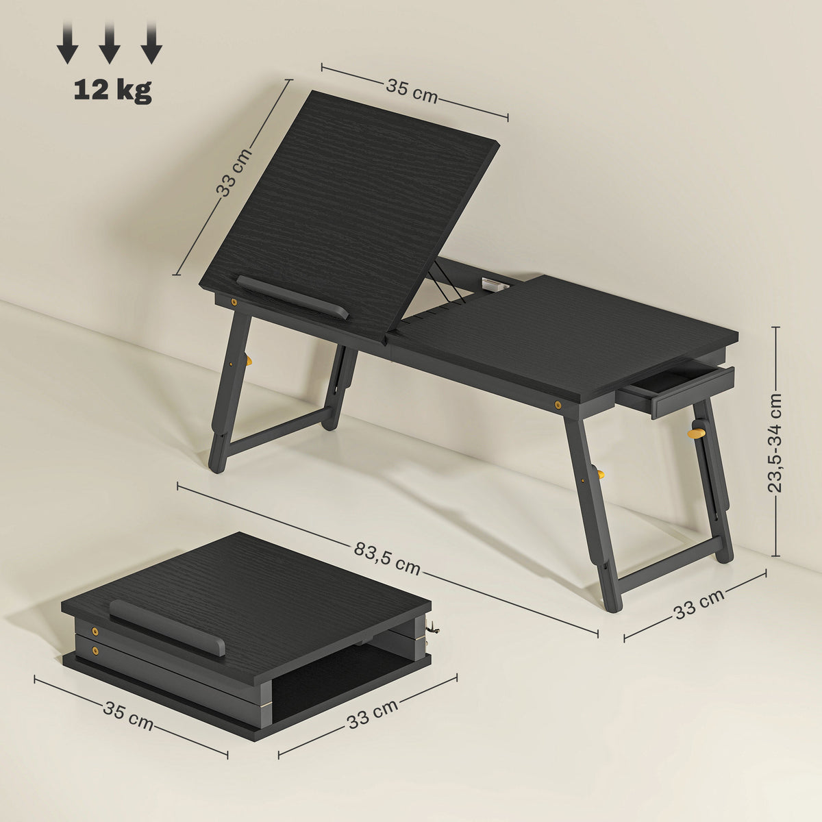 Table de lit pliable et réglable, plateau de lit pour ordinateur portable en bambou plateau inclinable 83,5x33x34cm noir-2