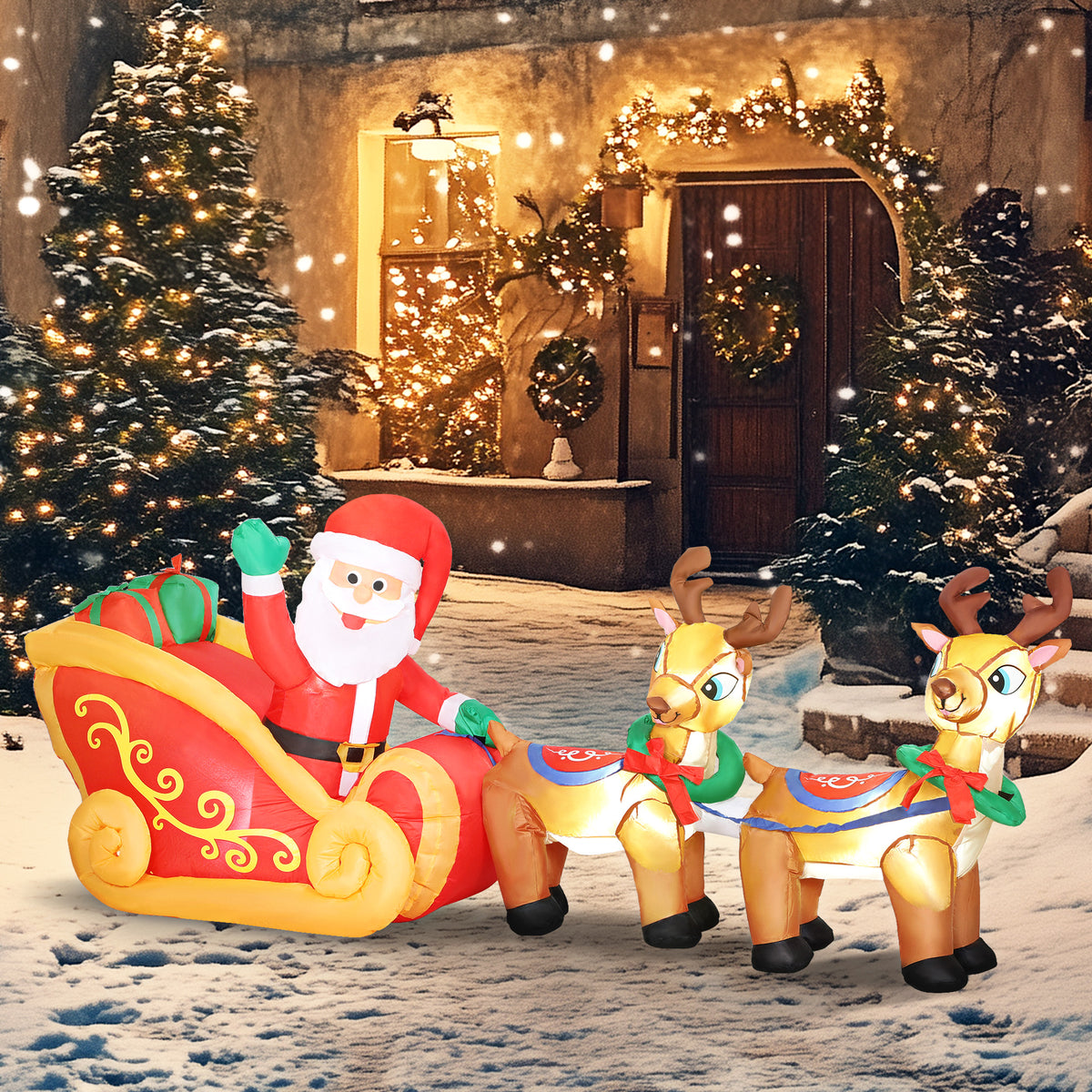 Babbo Natale gonfiabile con slitta e renne, 240 cm, 6 luci LED
