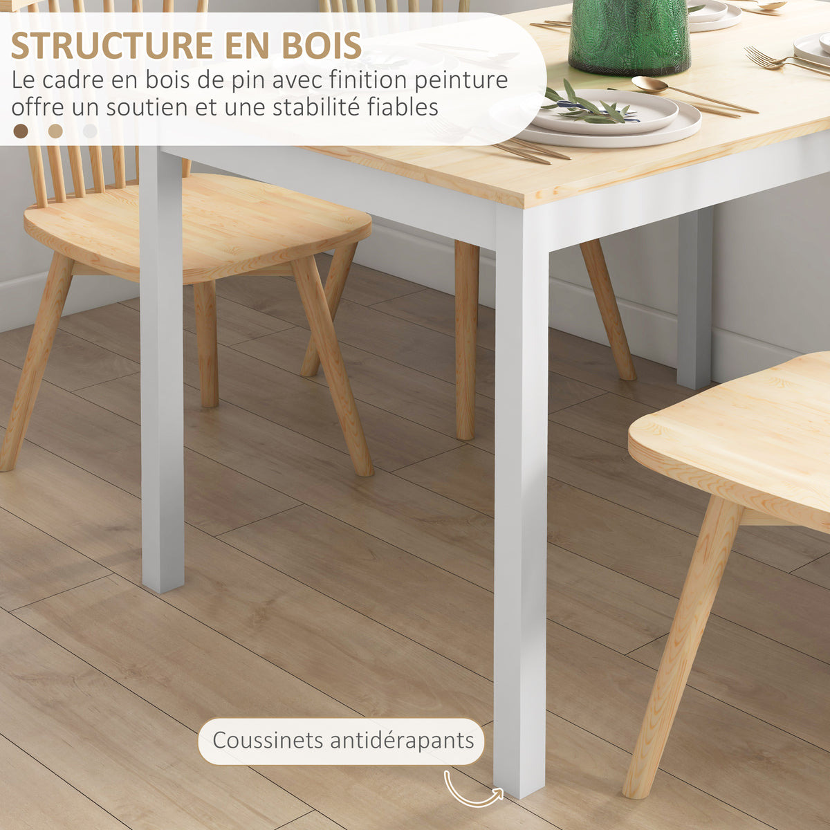 Table à manger table de cuisine structure en bois massif 4 personnes design vintage 120 cm naturel et blanc-4