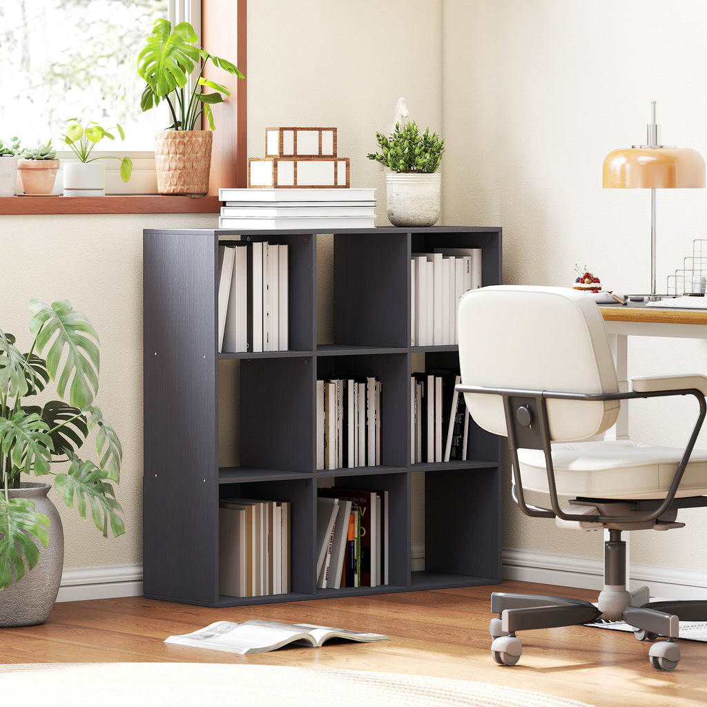 Bibliothèque, étagère de rangement à 3 niveaux avec 9 compartiments, pour salon, bureau, chambre, 91x29,5x91cm, gris-1