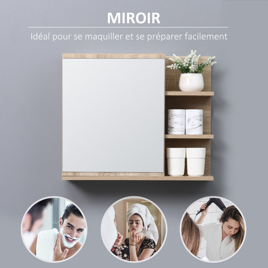 Armoire Miroir de Salle de Bain avec étagère - 3 étagères latérales - kit Installation Murale fourni - Panneaux Particules Aspect chêne Clair-4
