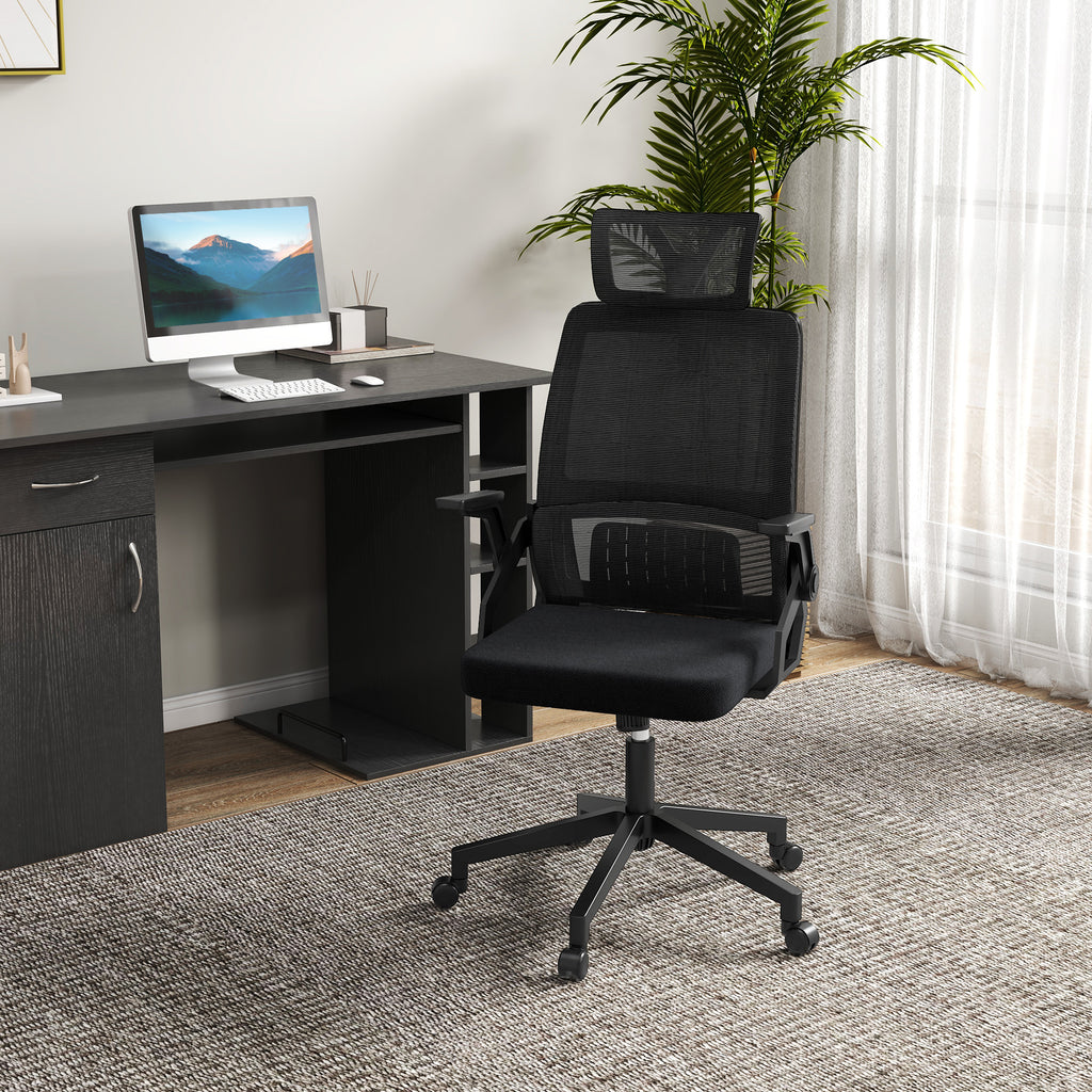Fauteuil de bureau réglable tissu maille polyester dossier ergonomique inclinable pivotant Noir-1