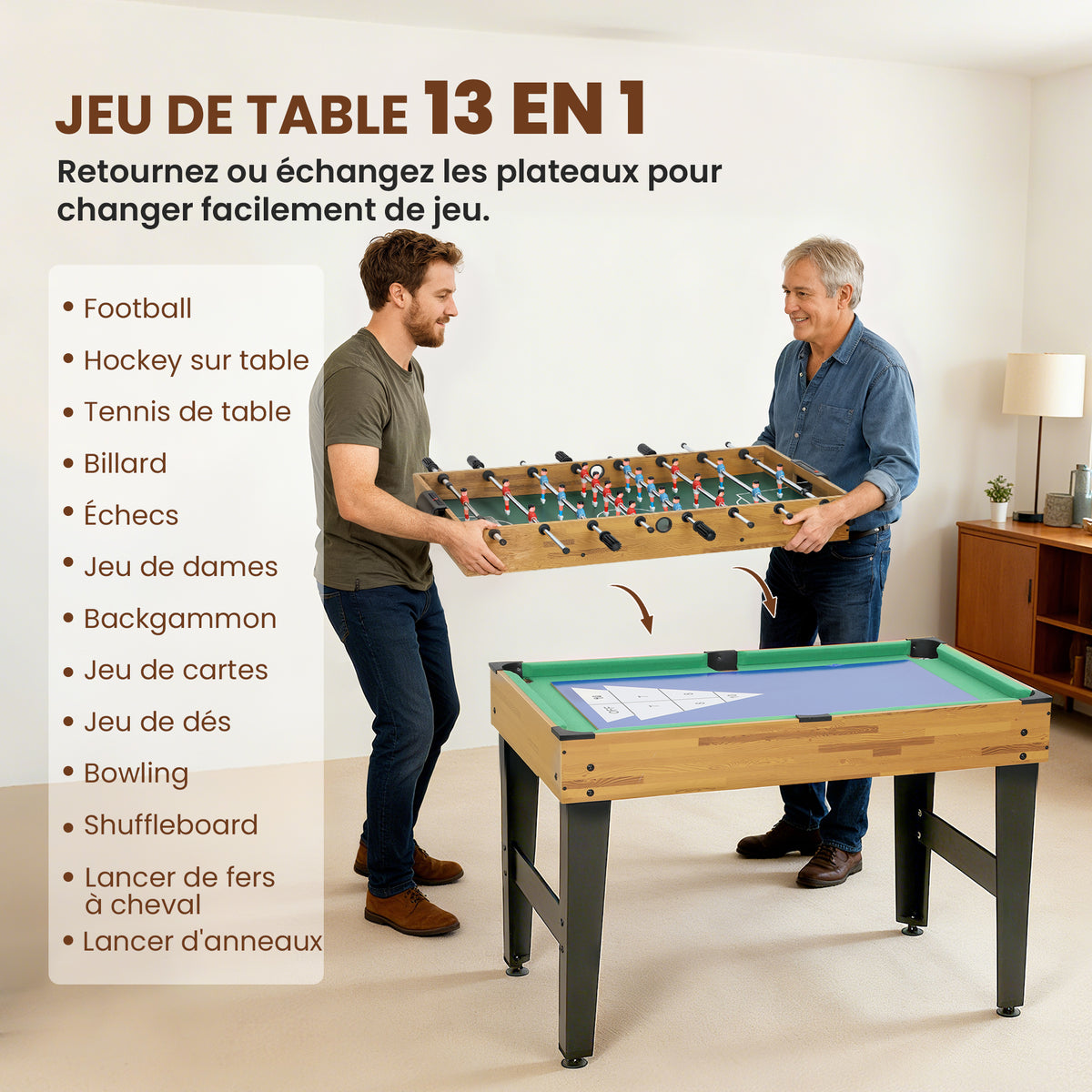 Table multijeux 13 en 1, table de jeu baby-foot, billard, ping-pong, 121x109x80cm, pour enfants et adultes, noyer clair-3