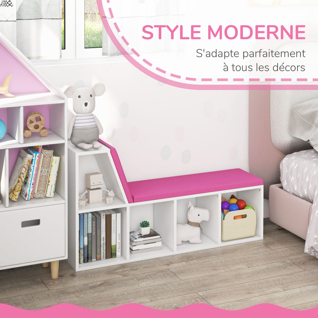 Bibliothèque banc 2 en 1 avec 5 compartiments de rangement et 2 coussins 108 x 30 x 60 cm blanc rose-3
