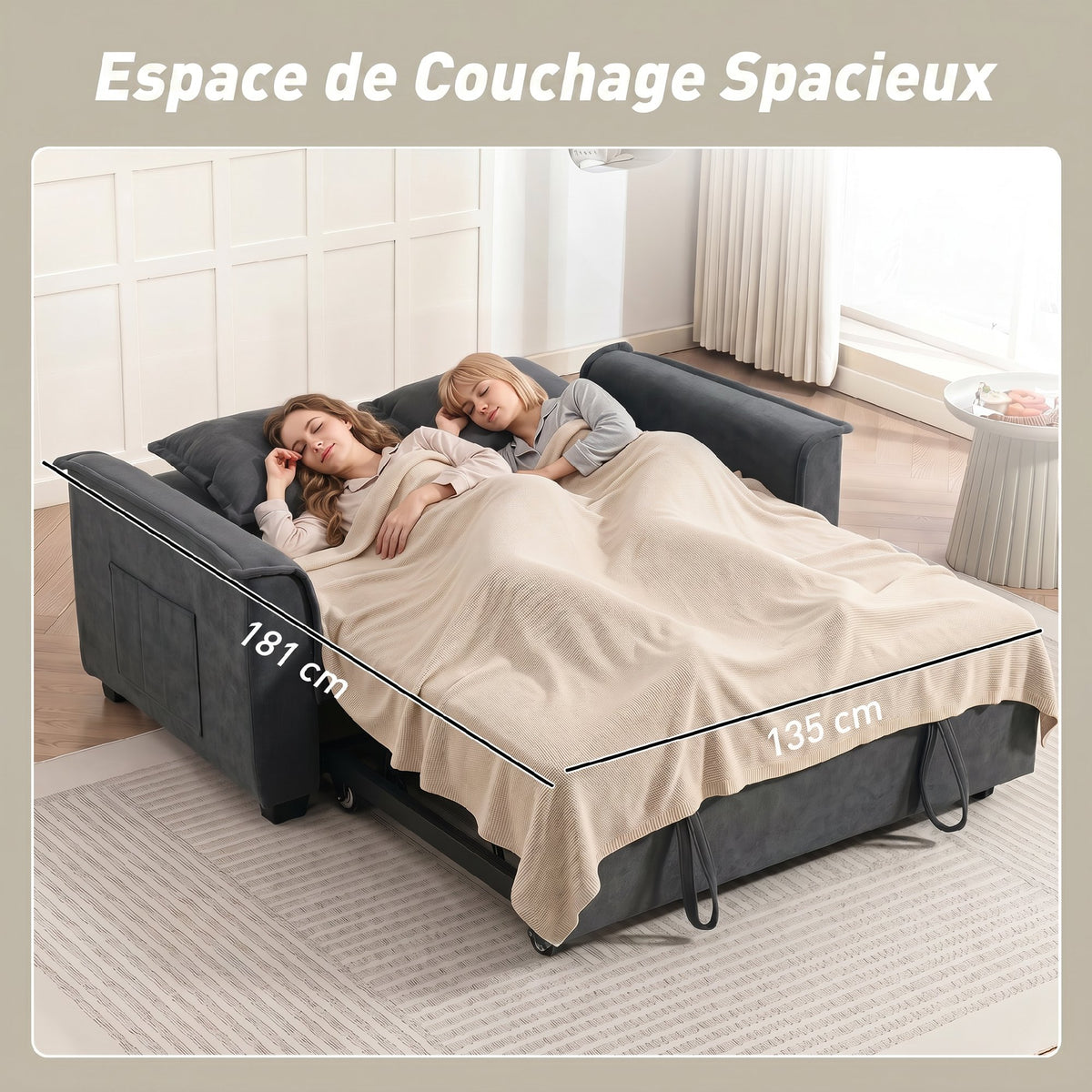 Canapé convertible 2 places, canapé-lit clic-clac en chenille, dossier réglable, 2 coussins, poche latérale, gris-6