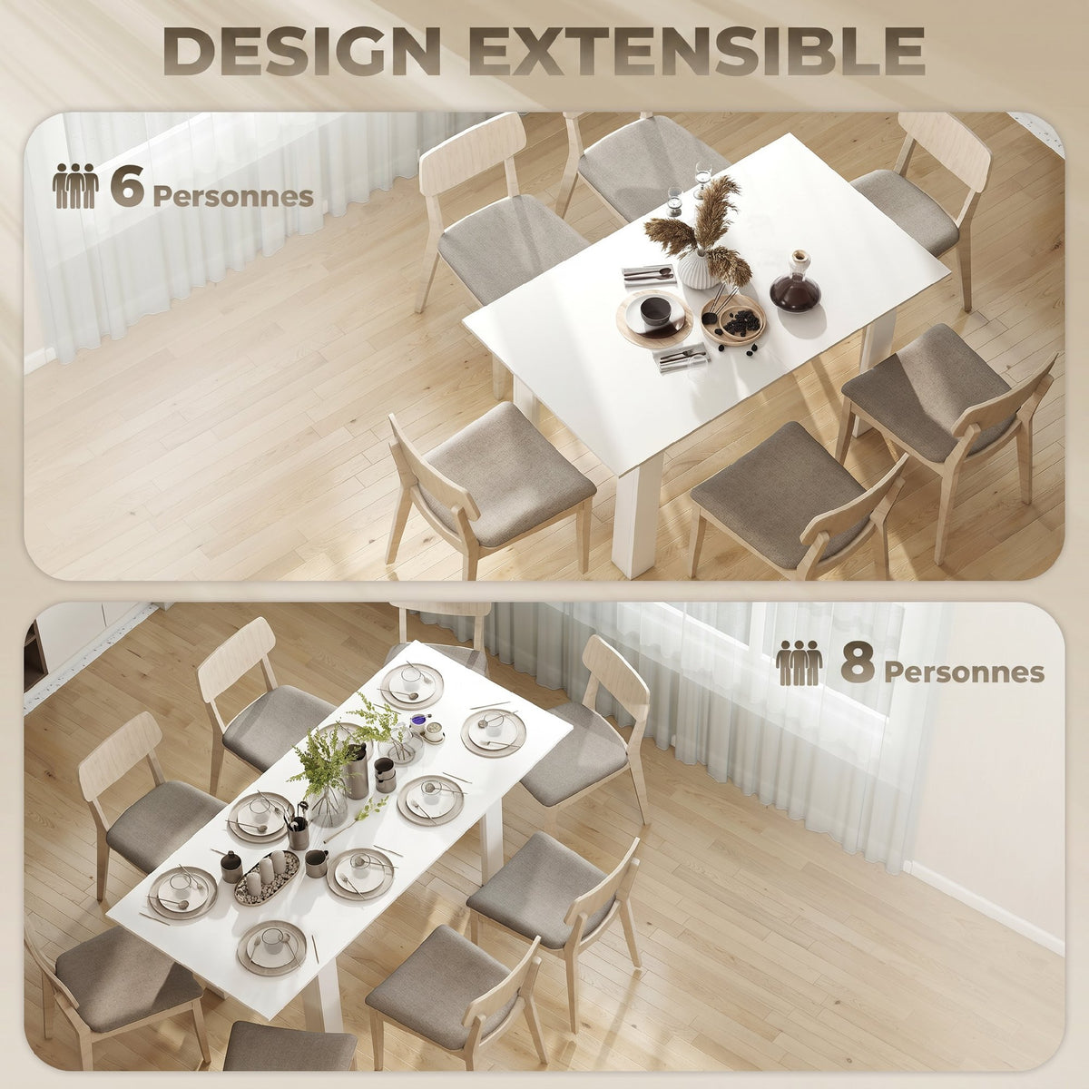 Table à manger extensible, table de cuisine rectangulaire, pour 6-8 personnes, 140-180 x 80 cm, blanc-3