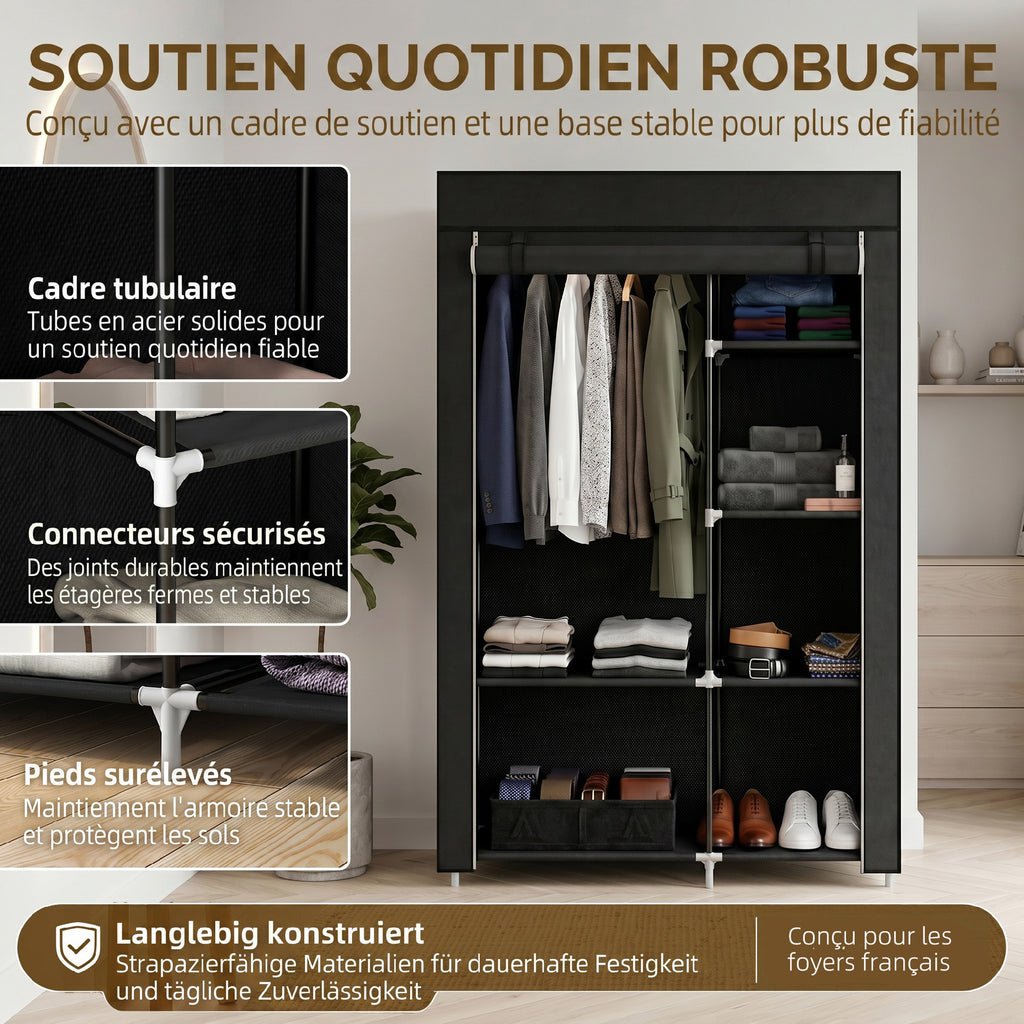Armoire penderie multi-rangement - 6 étagères, 1 barre - non tissé noir-4