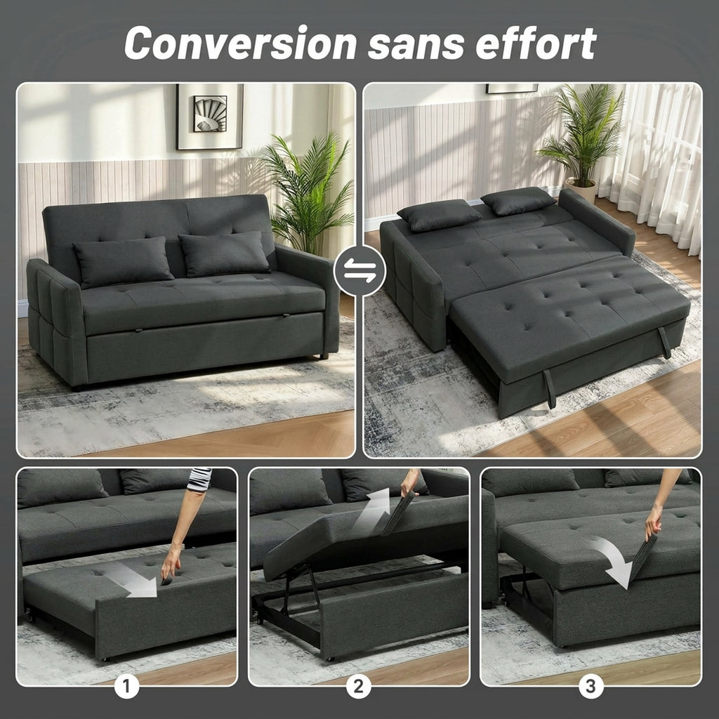 Canapé Convertible 2 Places 3 en 1, Canapé-Lit Clic Clac 160 cm, Dossier Réglable, Assise Large, 2 Oreillers, Gris Foncé-3