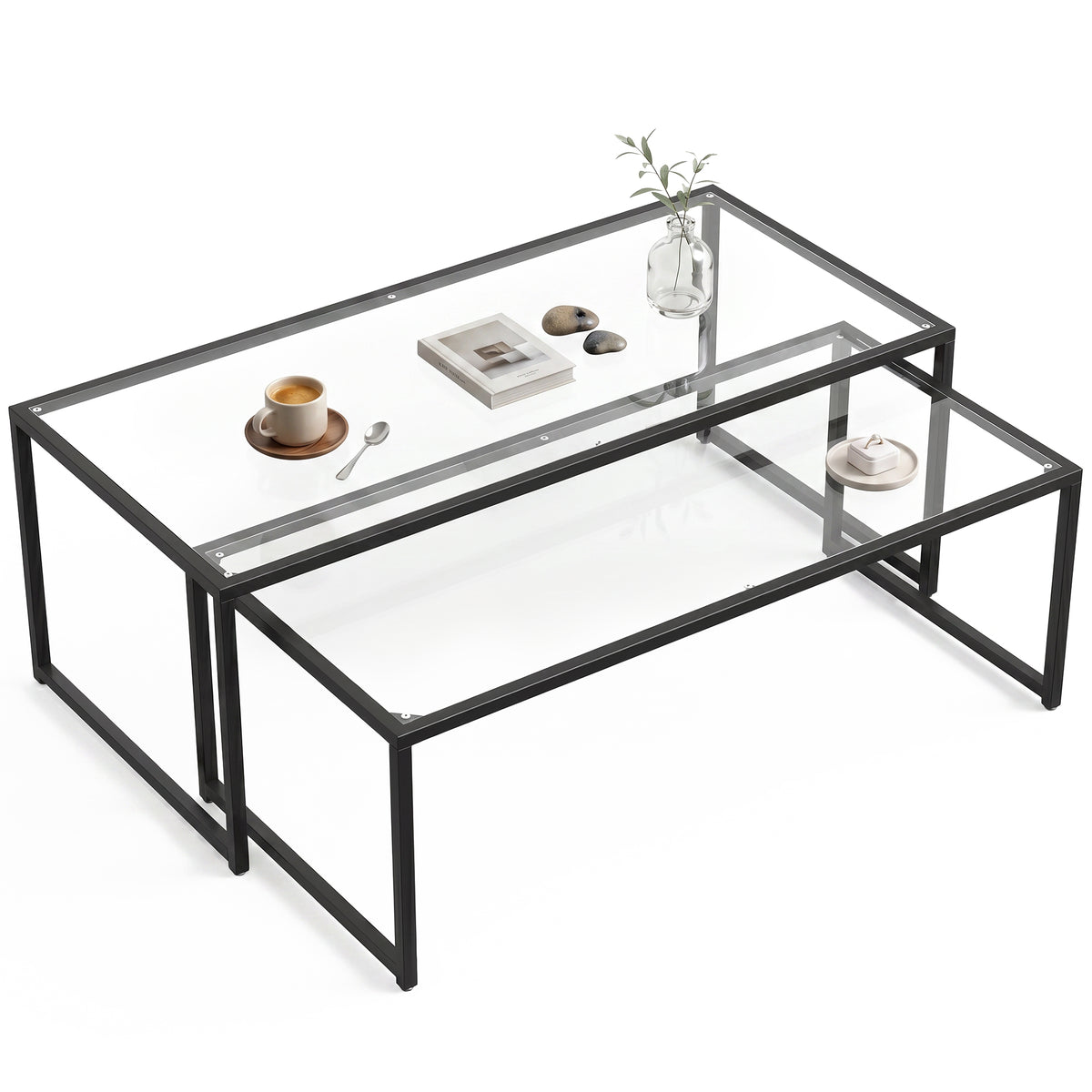 Lot de 2 tables basses gigognes tables de salon rectangulaires design en acier noir et plateaux en verre trempé-0