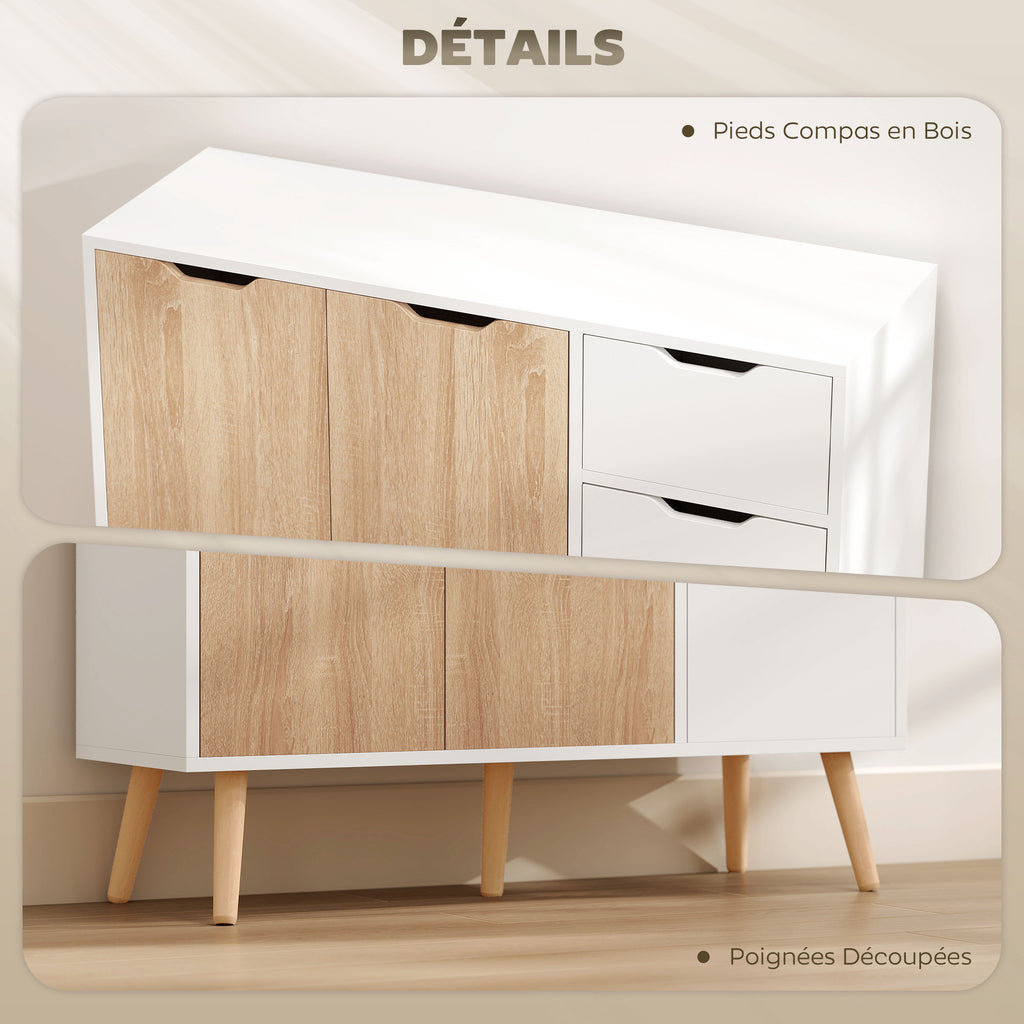 Buffet design scandinave 2 placards tiroir coulissant pieds bois massif pin panneaux particules blanc chêne clair-5