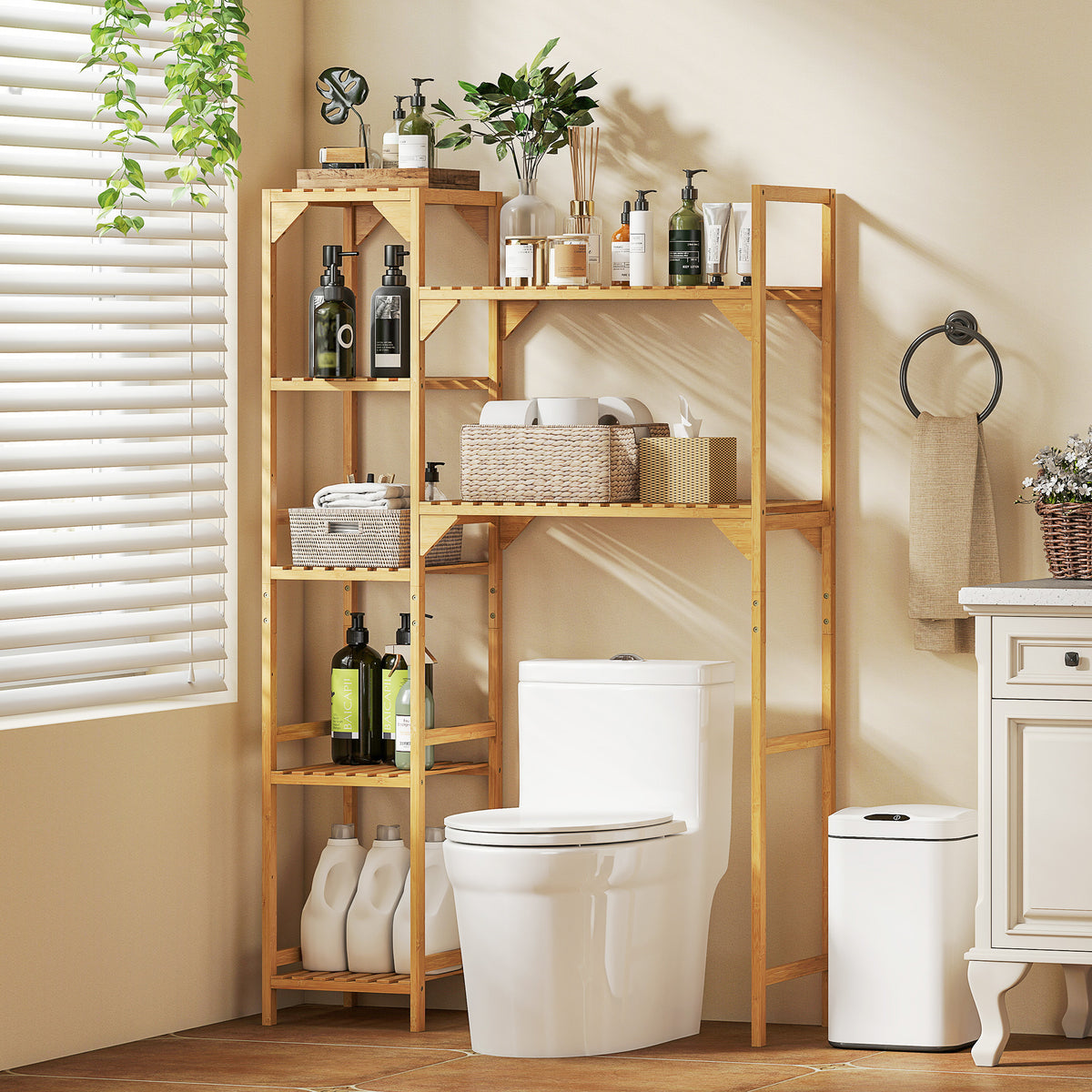 Étagère au-dessus de Machine à Laver en Bambou, Meuble de Salle de Bain Moderne avec Étagères Réversibles, Bois Naturel-8