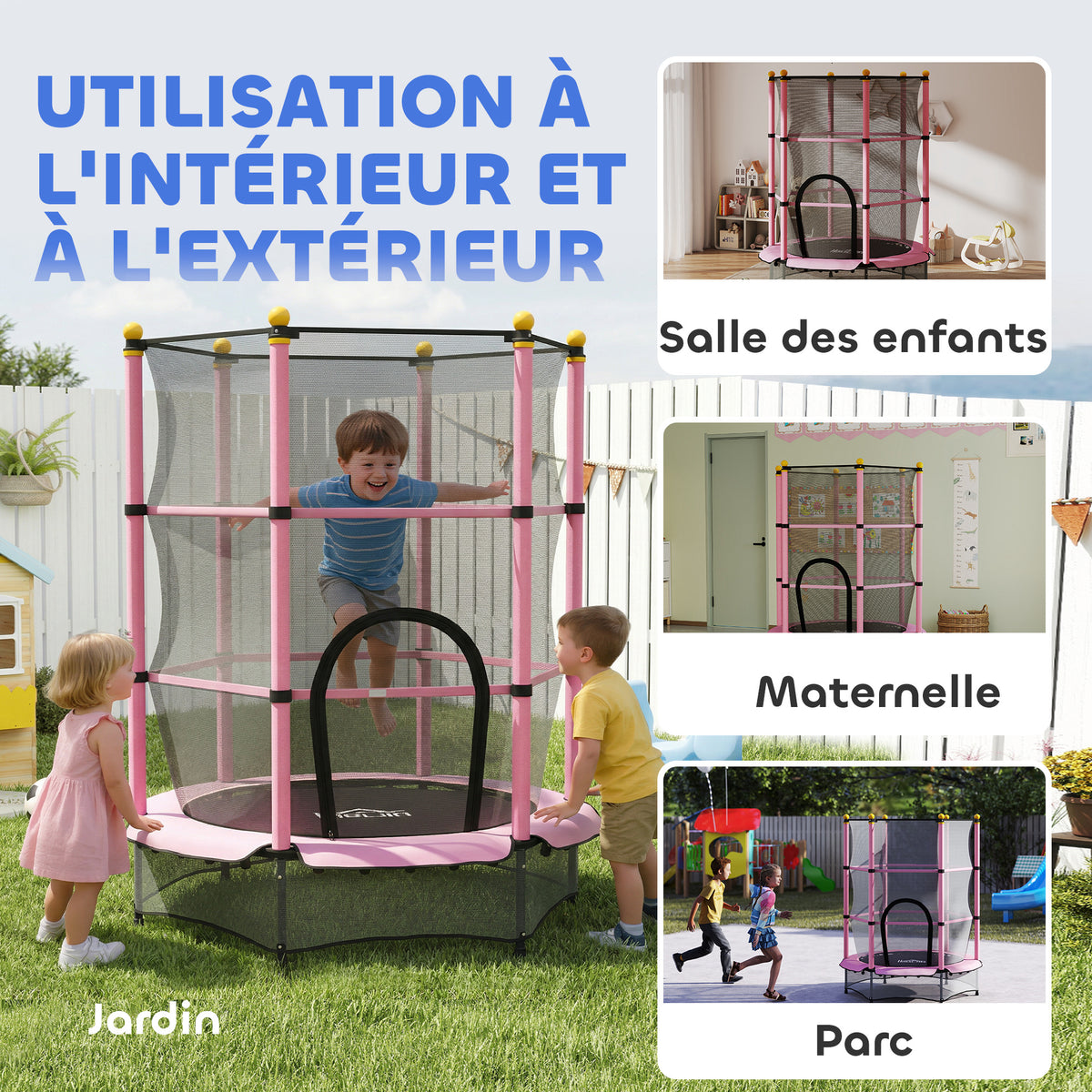 Trampoline Enfant Ø 1,40 × 1,90H m Filet de sécurité Porte zipée Couvre-Ressorts 6 poteaux rembourrés Inclus Rose-8