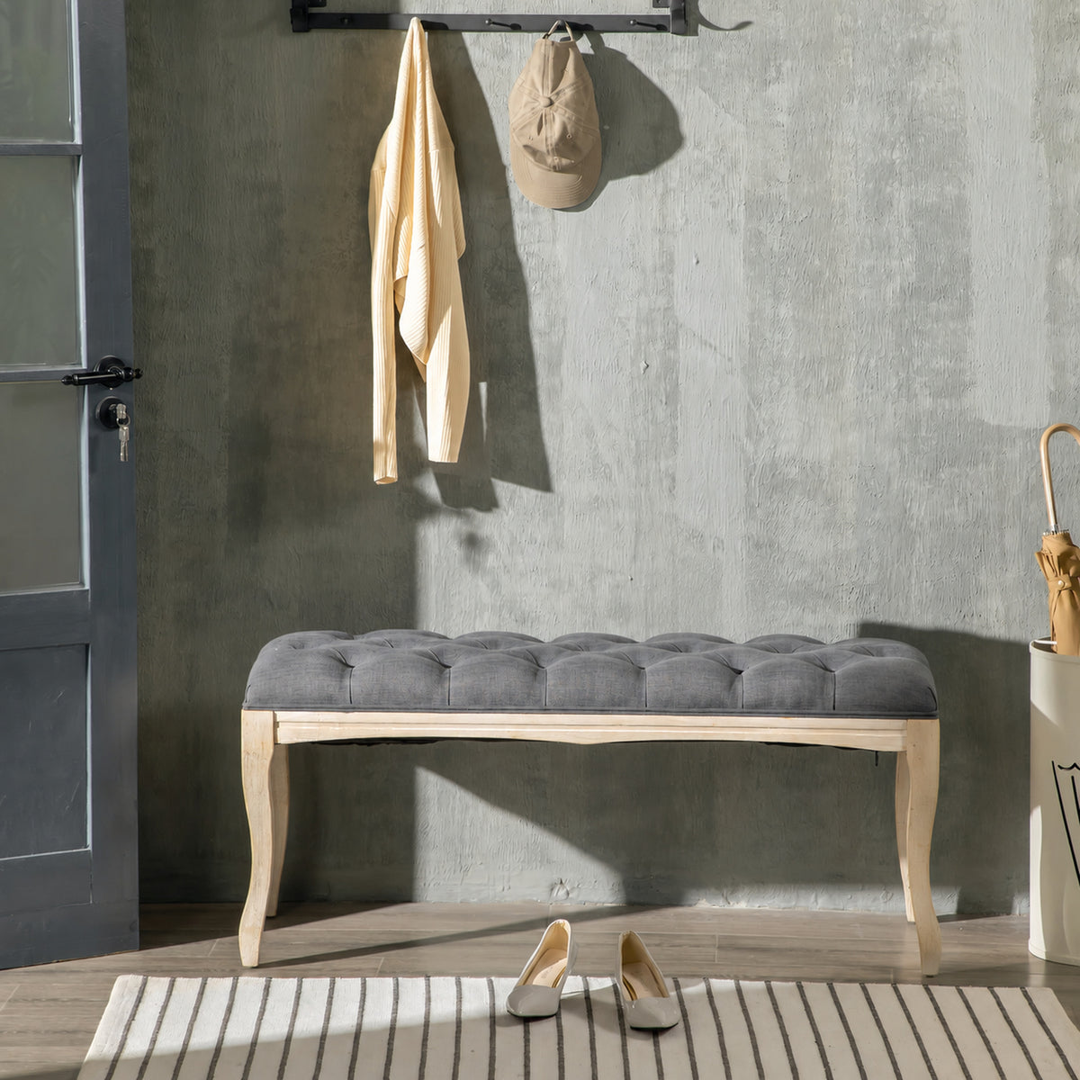 Banc Banquette capitonnée Style Classique 110 cm Bout de lit Rembourrée en lin piètement Bois hévéa sculpté Lin Gris-1
