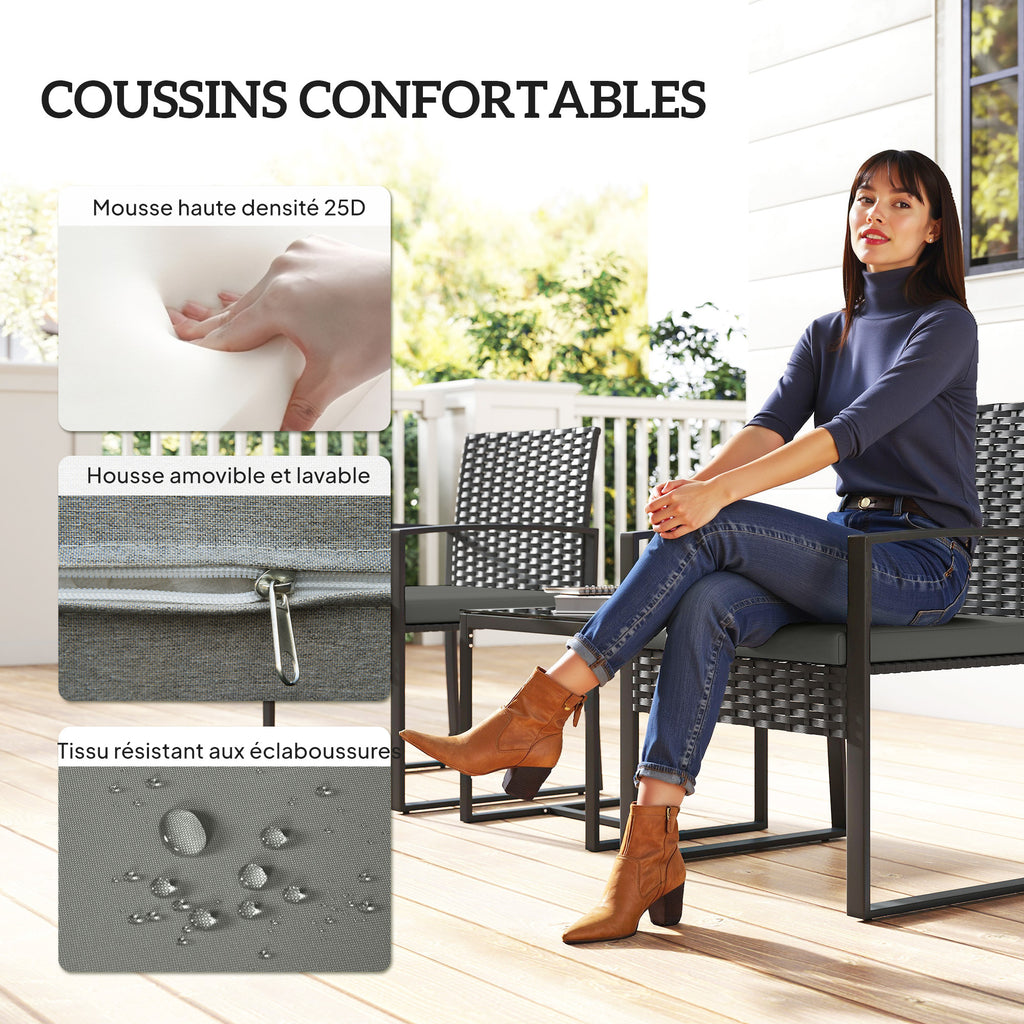 Salon de jardin extérieur en résine tressée 2 personnes, table de jardin avec 2 chaises, plateau en verre trempé, noir-5