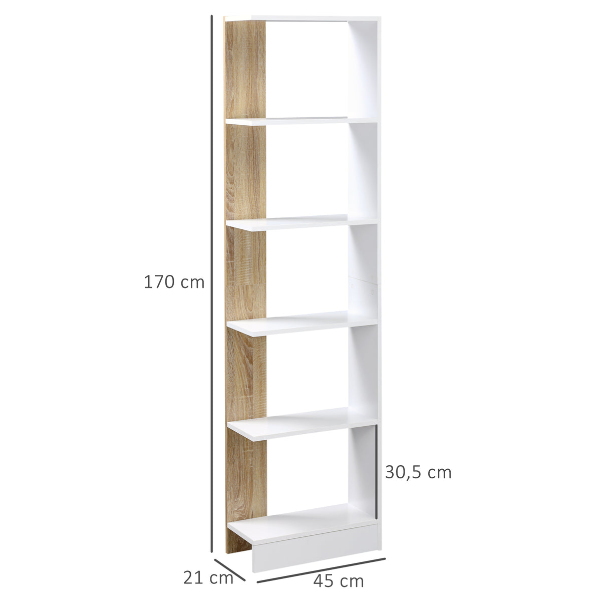 Bibliothèque Étagère de Rangement avec 5 Compartiments Ouverts Design Simple Moderne Blanc et Chêne-2