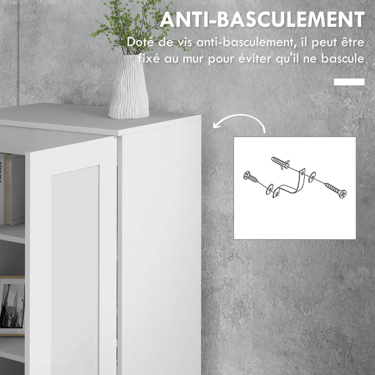 Armoire 2 portes meuble de rangement avec 5 étagères, style contemporain, 60L x 36,5l x 175H-5