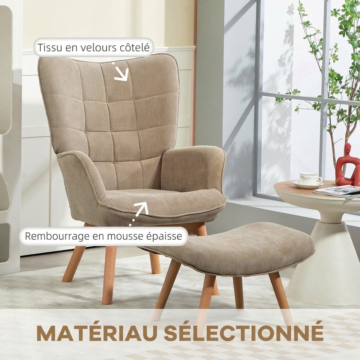 Fauteuil de Salon avec Repose-Pied, Fauteuil d'Appoint Capitonné en Velours Côtelé, Dossier Haut et Accoudoirs, Marron-3