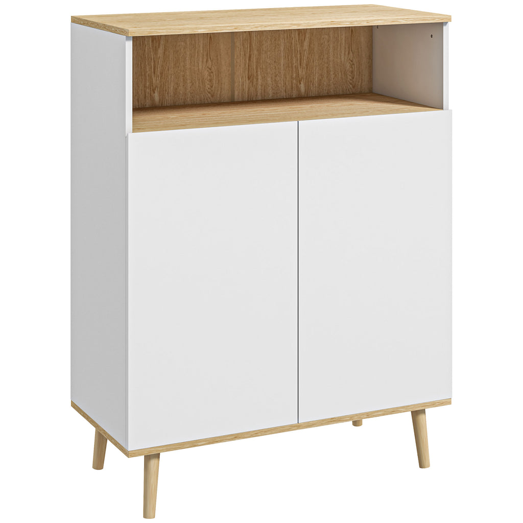 Meuble de rangement buffet sur pied scandinave placard 2 portes avec étagère intérieure blanc et aspect bois-0