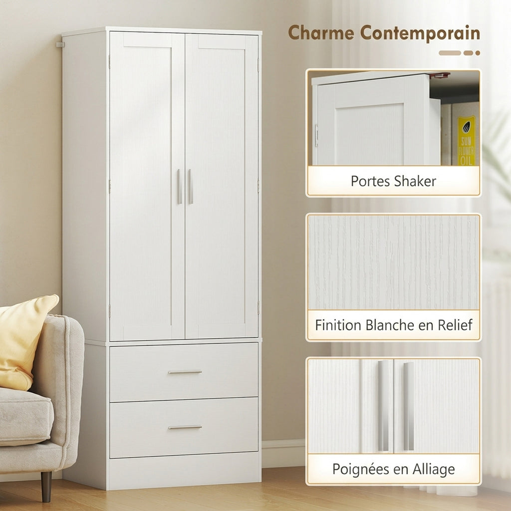 Buffet haut cuisine, armoire de cuisine, 2 portes, 8 porte-épices, 2 tiroirs, étagères réglables, 60x40x159cm, blanc-5