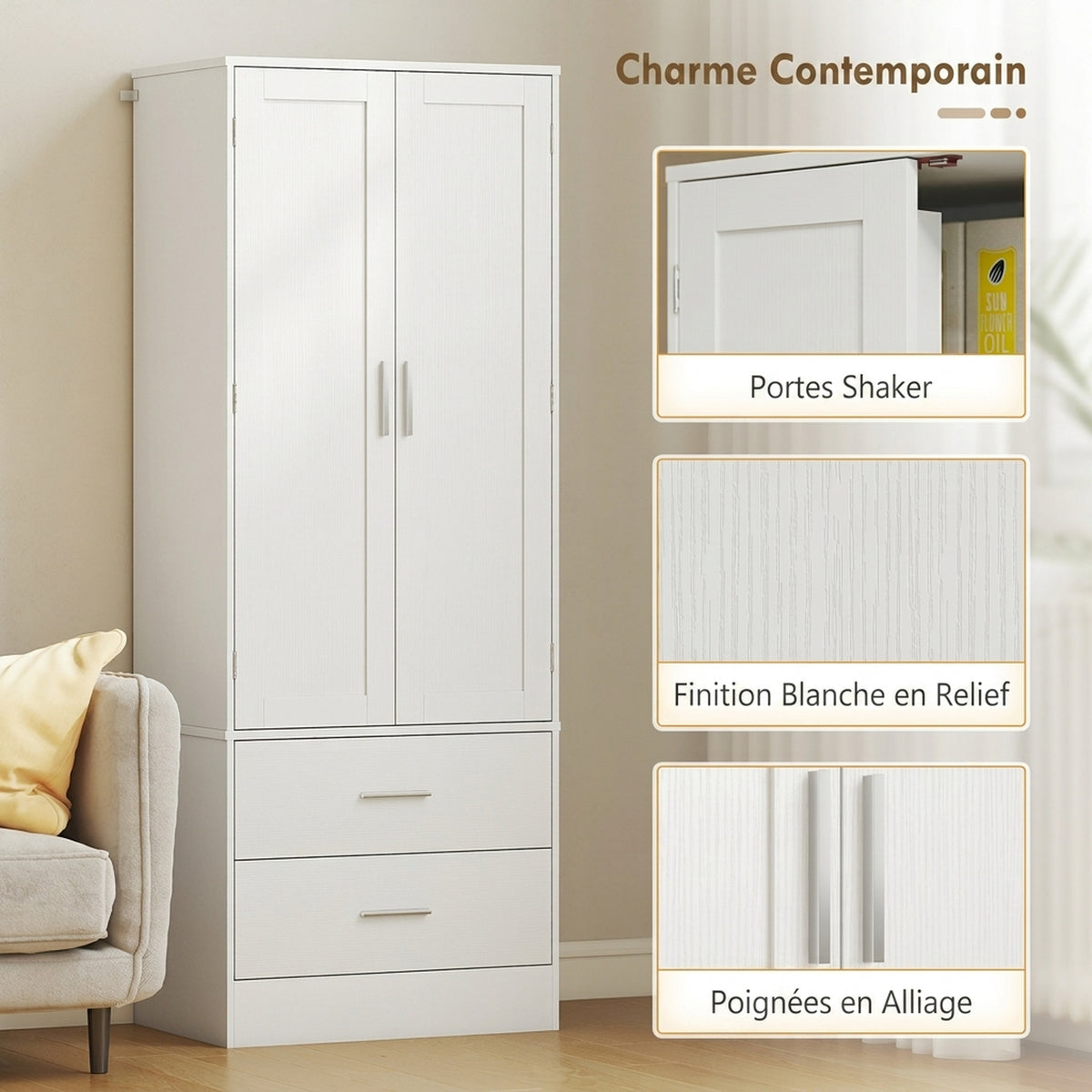Buffet haut cuisine, armoire de cuisine, 2 portes, 8 porte-épices, 2 tiroirs, étagères réglables, 60x40x159cm, blanc-5