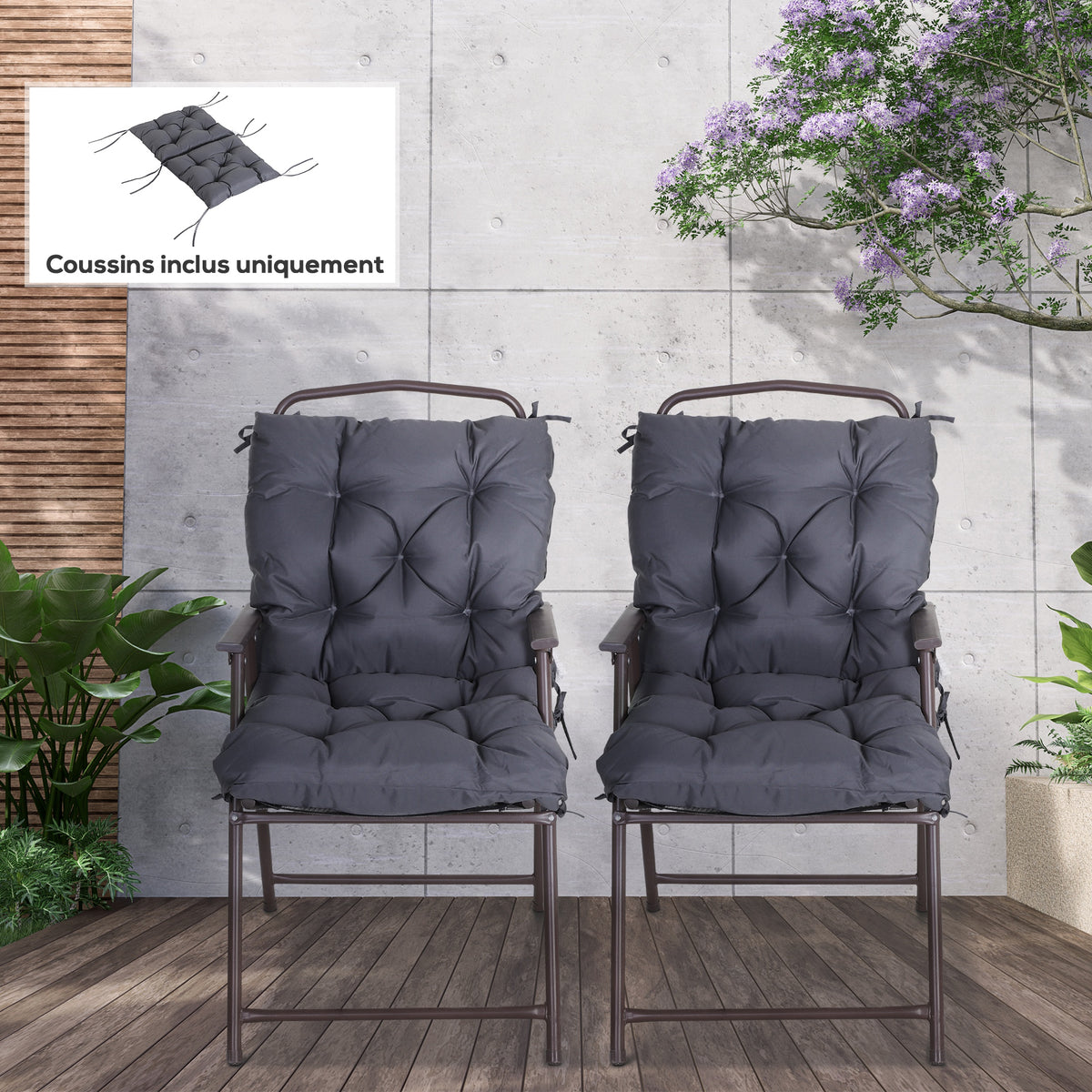 Lot de 2 coussins de chaise d'extérieur, galette de chaise avec attaches, coussins de jardin pour terrasse ou balcon, 98 x 50 x 8 cm, gris-9