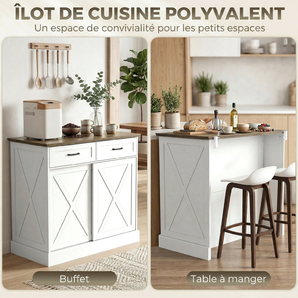 Îlot central cuisine, buffet cuisine, meuble de rangement avec 2 tiroirs 2 portes coulissantes, étagère réglable, blanc-3