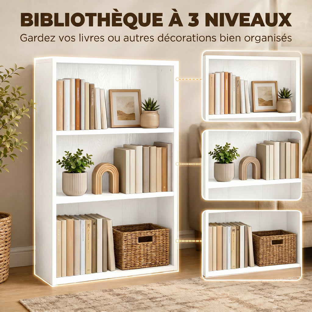 Bibliothèque étagère de rangement avec 3 compartiments et étagère réglable, 60 x 24 x 93 cm, blanc-4