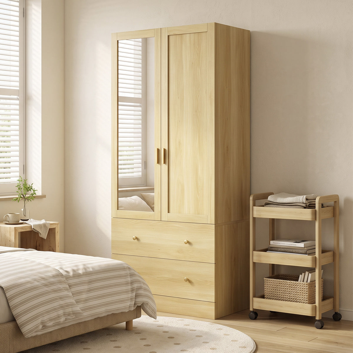 Armoire chambre penderie avec miroir, 2 portes, 2 tiroirs et barre de suspension, 80 x 50 x 180 cm, chêne-7