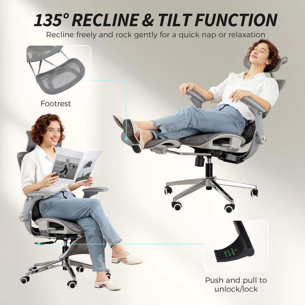 Chaise Bureau Ergonomique avec Accoudoirs 4D Appui-Tête et Profondeur d'Assise Réglables Maille Gris-7