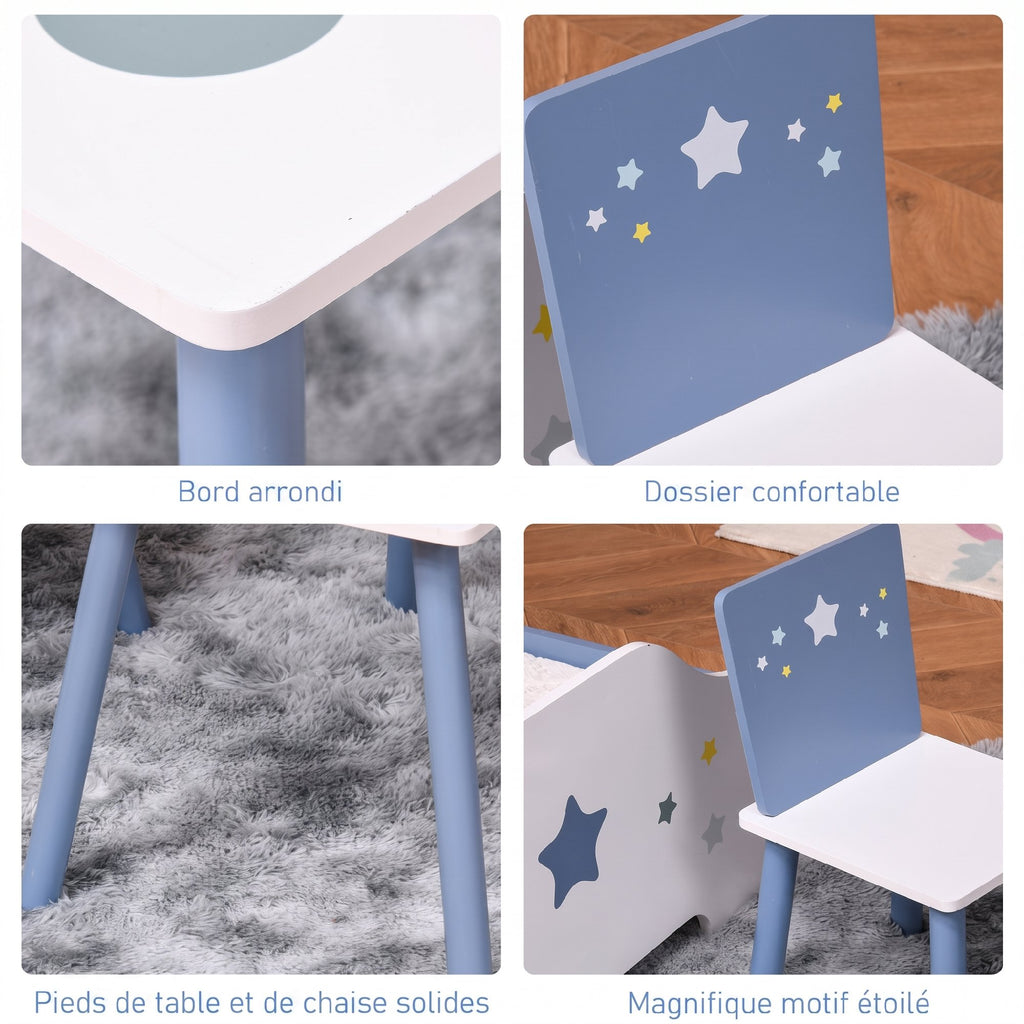 Table enfant avec chaise, ensemble table et 2 chaises en bois pour dessiner, jouer, étudier, bleu-5