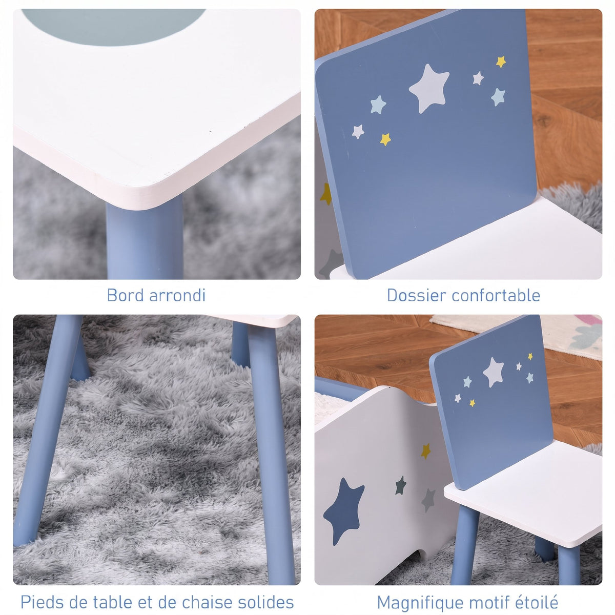 Table enfant avec chaise, ensemble table et 2 chaises en bois pour dessiner, jouer, étudier, bleu-5